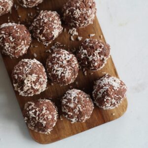 protein balls on a wooden board