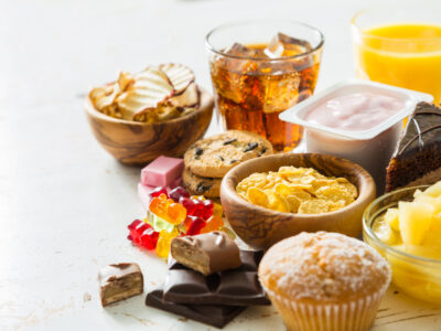 Selection of food high in sugar, copy space