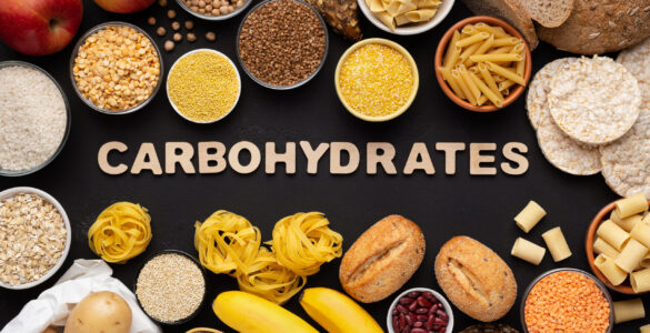 High fibre and carbohydrates healthy food with grains and text High fibre and carbohydrates healthy food with grains and text on black background