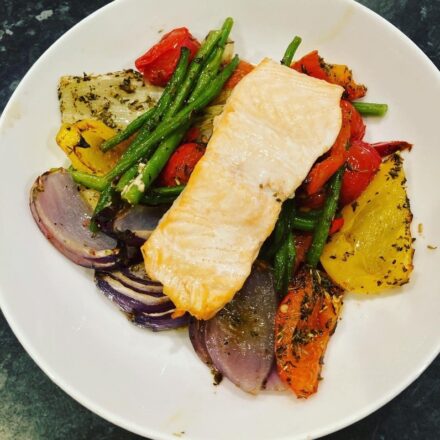 Salmon traybake with roasted veg