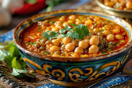 A vibrant bowl of soup with lentils, chickpeas, and spices