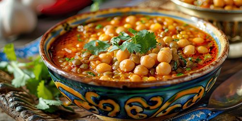 A vibrant bowl of soup with lentils, chickpeas, and spices A vibrant bowl of soup with lentils, chickpeas, and spices