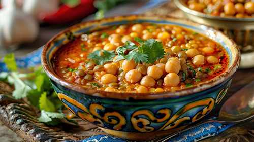 A vibrant bowl of soup with lentils, chickpeas, and spices