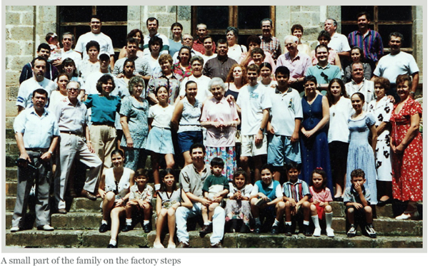 Family sat on the factory steps