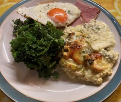 celeriac gratin with ham, fried egg and kale