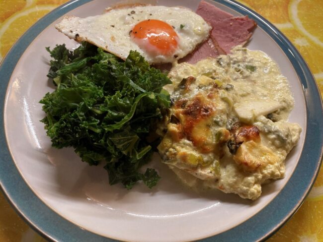 celeriac gratin celeriac gratin with ham, fried egg and kale