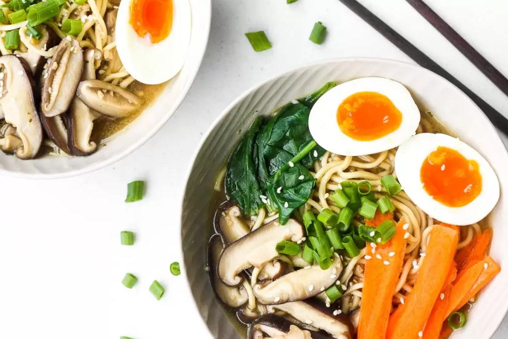 Vegetarian Ramen with spinach, carrot, mushrooms and egg