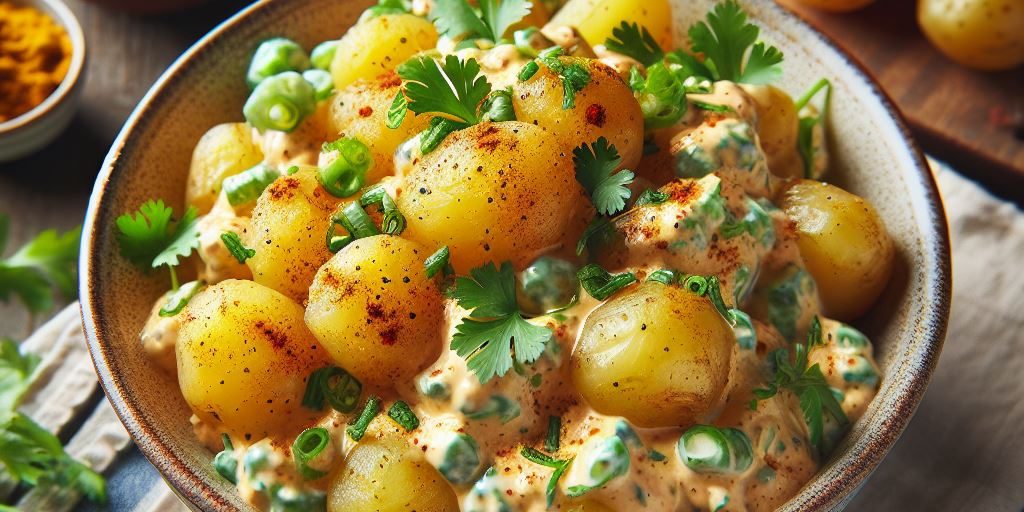 A rustic, picnic-style coronation potato salad served in a bowl on a kitchen table. Coronation potato salad