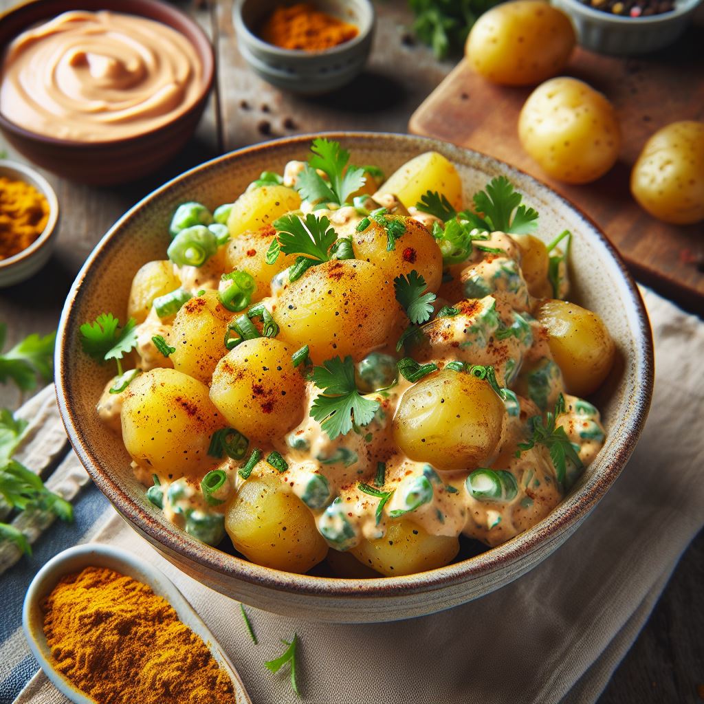 A rustic, picnic-style coronation potato salad served in a bowl on a kitchen table. Coronation potato salad