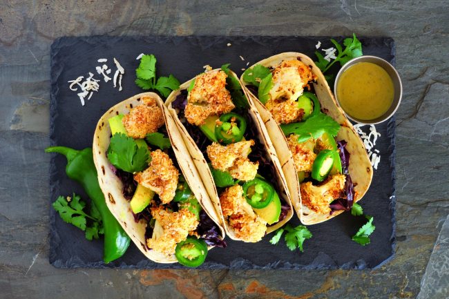 Roasted coconut cauliflower tacos. Healthy, vegan meal. Above vi