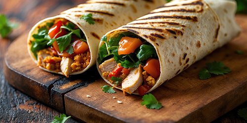 Rustic wooden board presenting two appetizing grilled wraps pack