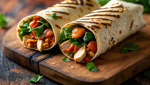 Rustic wooden board presenting two appetizing grilled wraps pack