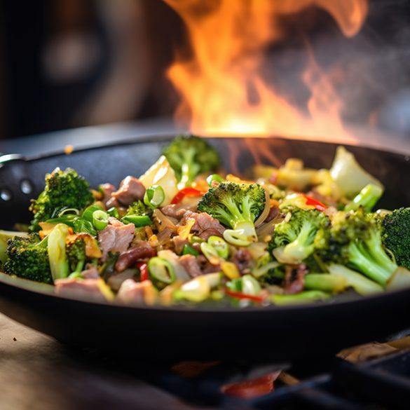close-up of beef and broccoli stir-fry in a wok on high flame, created with generative ai