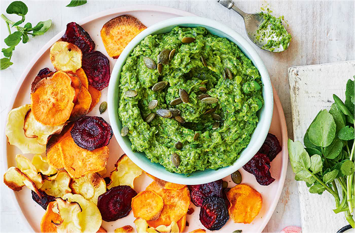 Watercress Guac with vegetable crisps