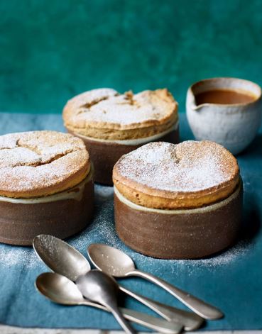 Apple souffles with salted caramel sauce