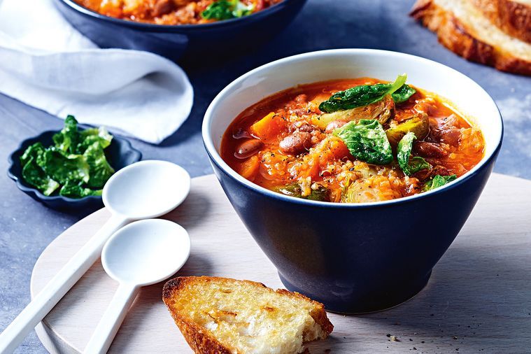Minestrone with quinoa and brussels sprouts