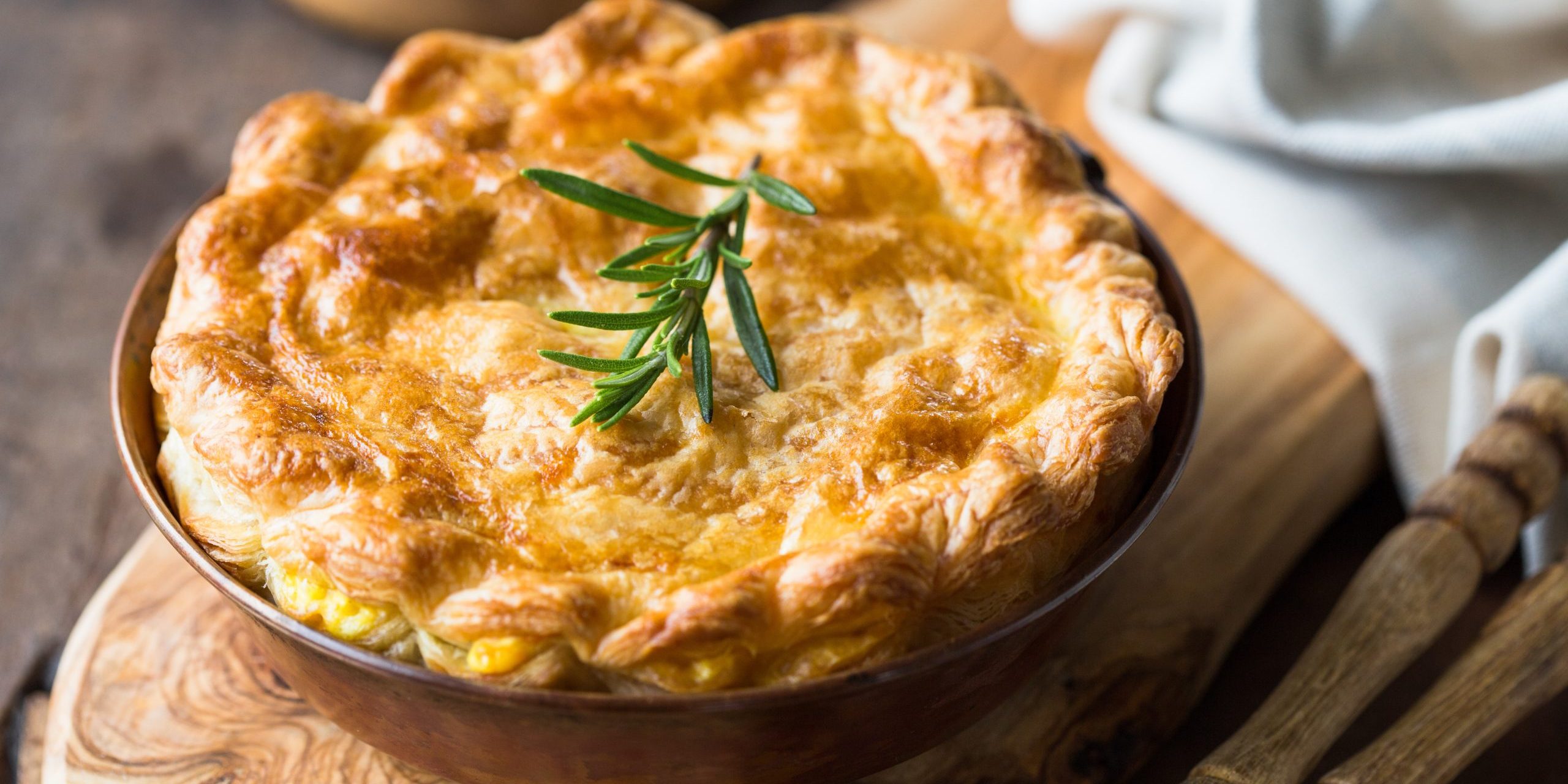 Individual chicken pot pie with puff pastry crust. top view
