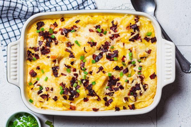 Baked mashed potatoes with bacon and green onion. Festive Christmas or Thanksgiving Day dish.