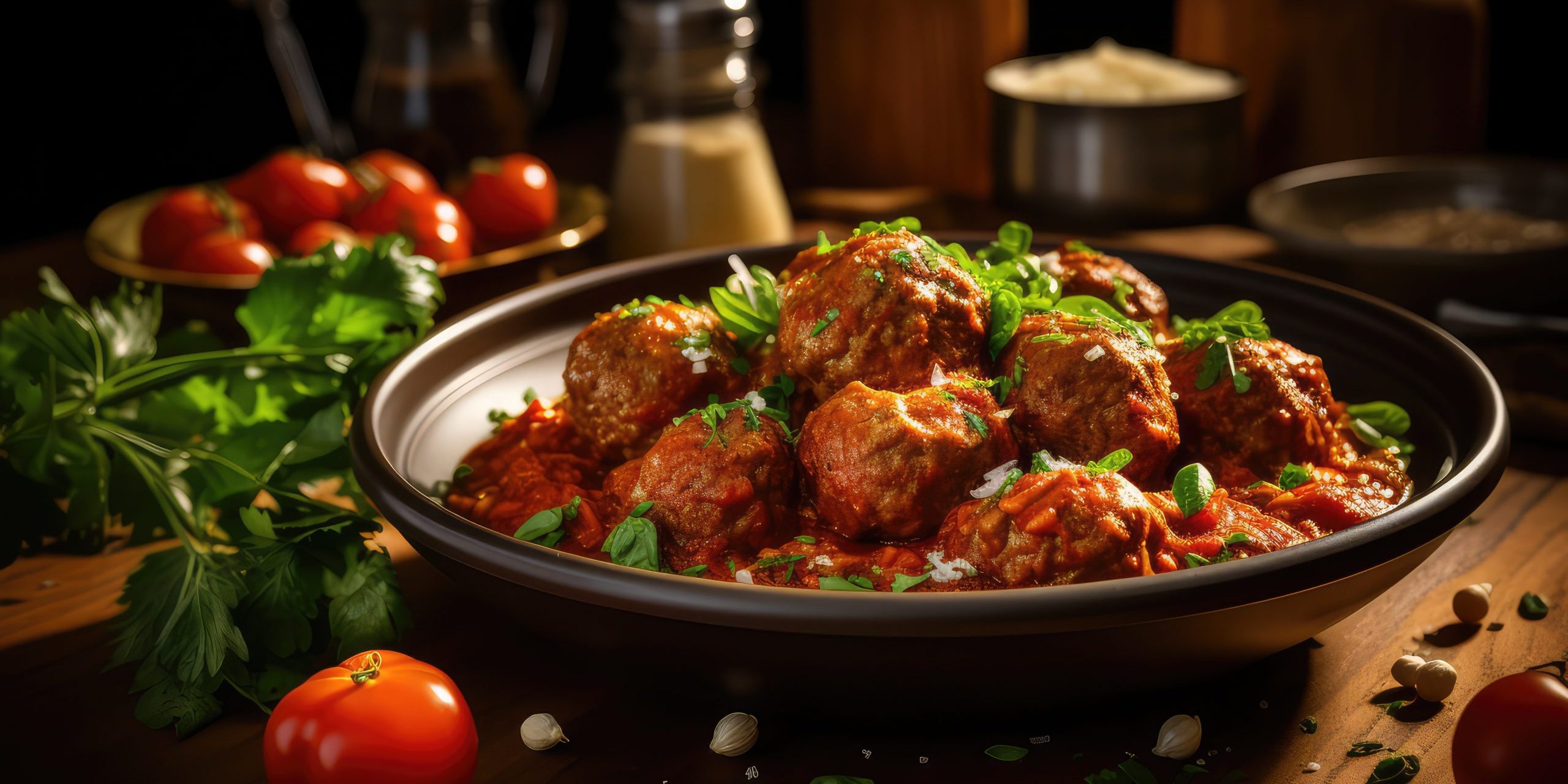 Meatball with tomato sauce on a wooden table