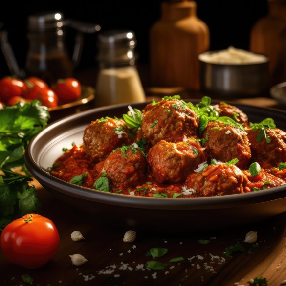 Meatball with tomato sauce on a wooden table