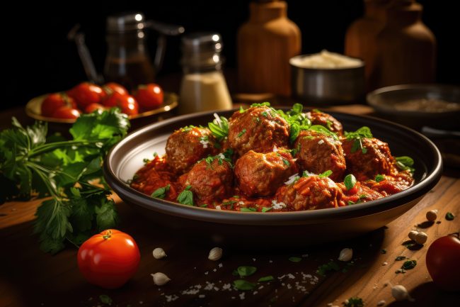 Meatball with tomato sauce on a wooden table