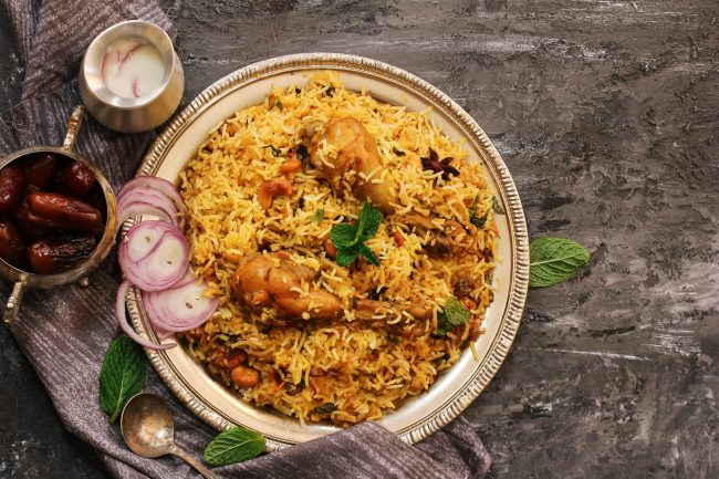 Chicken Kabsa – Homemade Arabian biryani  overhead view