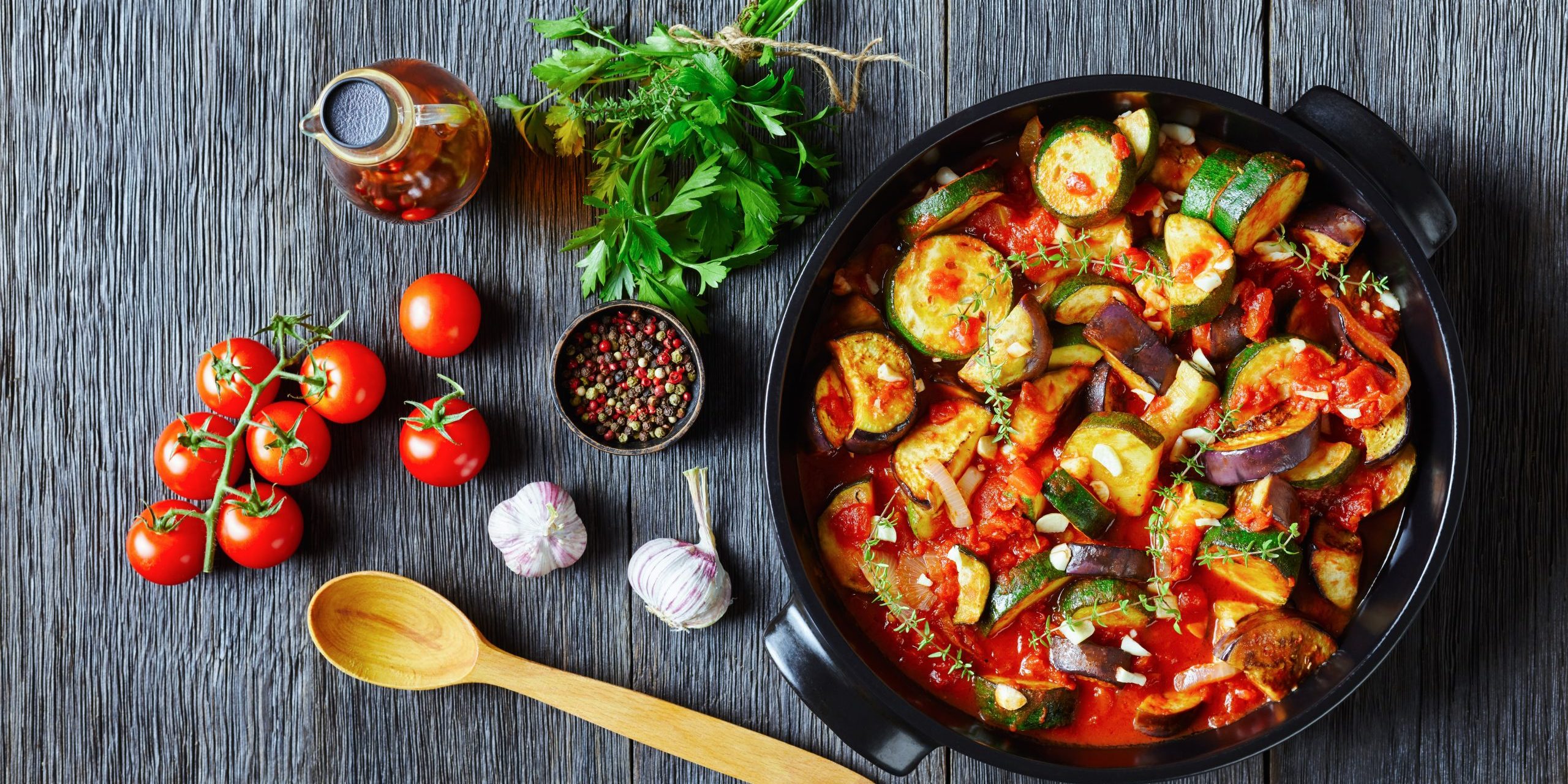 eggplant, onion, zucchini with spicy tomato sauce