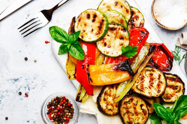 Grilled colorful vegetables, aubergines, zucchini, pepper with s