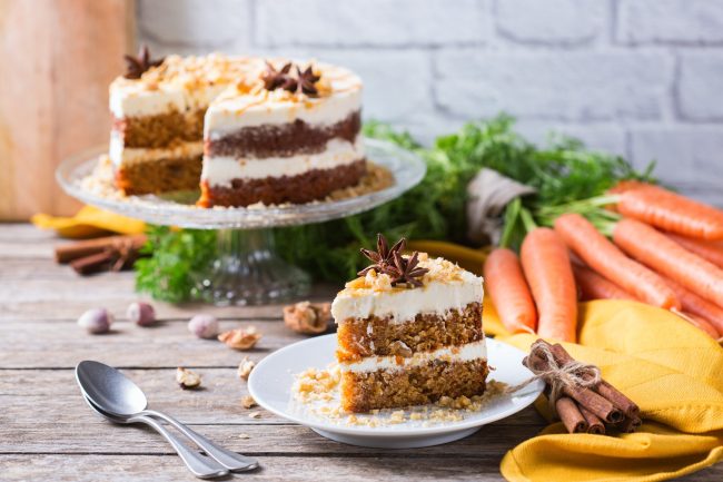 Homemade easter carrot cake with walnuts, nuts, spices