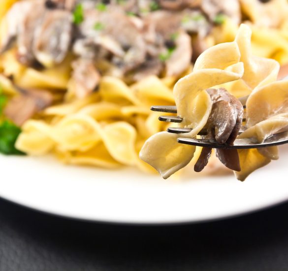 Hearty mushroom Stroganoff with egg noodles on the tip of a fork ready to eat