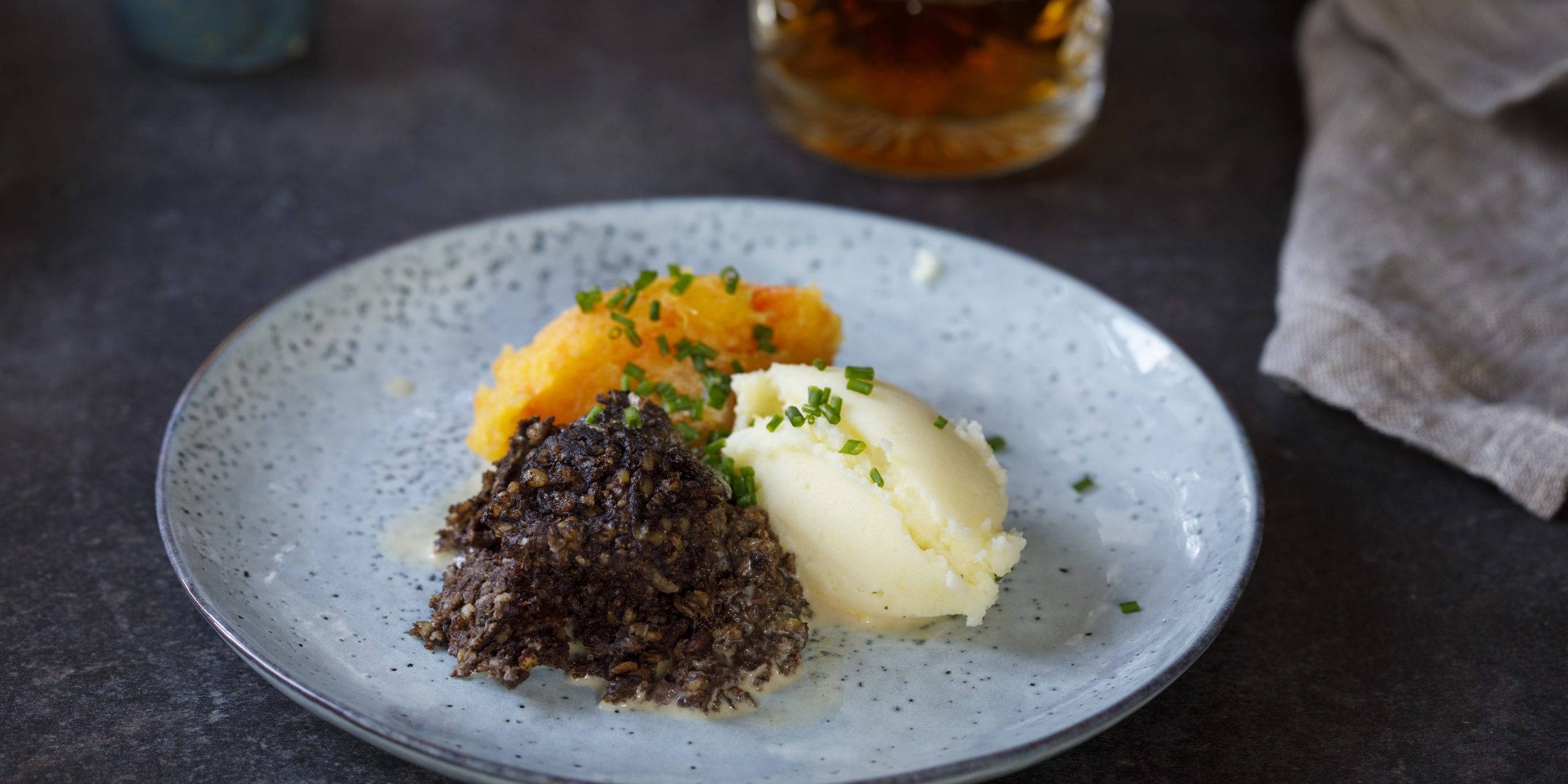 Scottish dish of haggis, neeps and tatties, meal served traditio