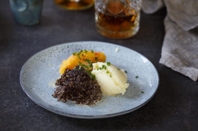 Scottish dish of haggis, neeps and tatties, meal served traditio