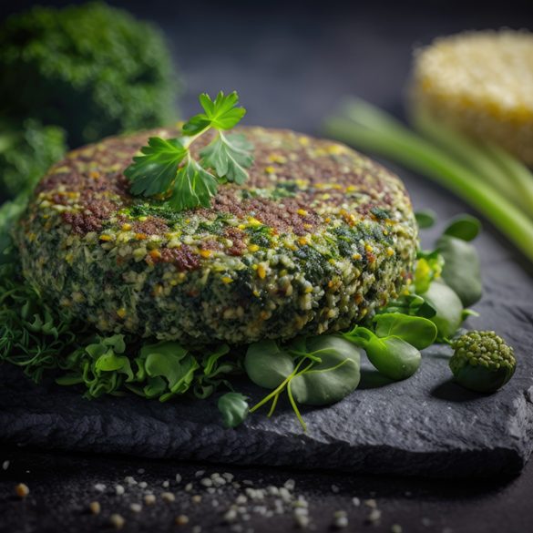 Burger patties made with quinoa and broccoli, topped with greens. Yummy vegan fare. close up. Generative AI