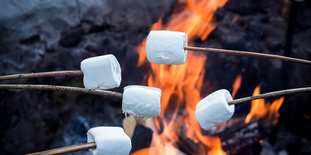 Closeup of sweet marshmallows on stick over the bonfire