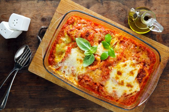 baked lasagna on a baking sheet