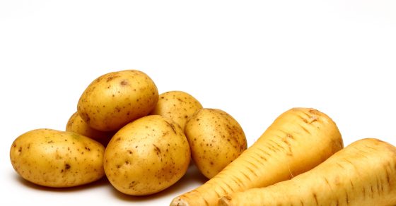 Raw potatoes and parsnips isolated on a white background