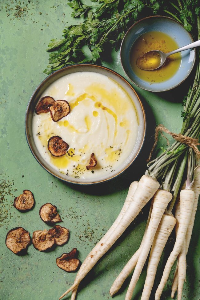 Parsnip soup with butter sauce