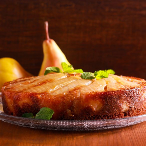 Gingerbread pear upside down cake on plate