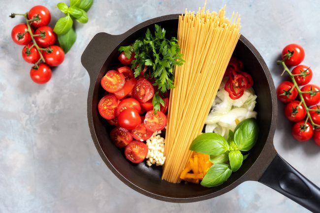 One pot pasta dish seeing from above