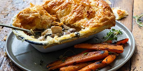 Chicken and mushroom pie with roast carrots