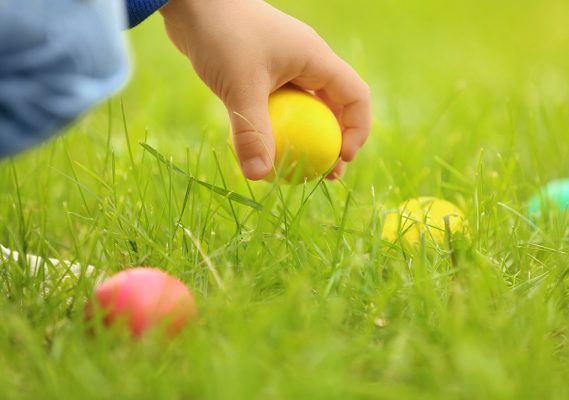 Little boy gathering colorful egg in park. Easter hunt concept