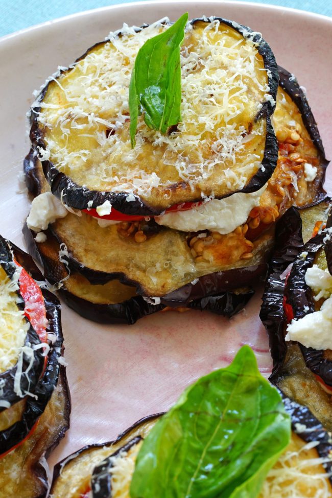 Roasted eggplant, tomato, cheese and basil stacks
