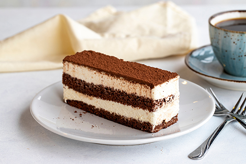 Tiramisu dessert on a white background. Italian sweet dessert concept. Plate of tiramisu cake. close up. selective focus. Horizontal view.