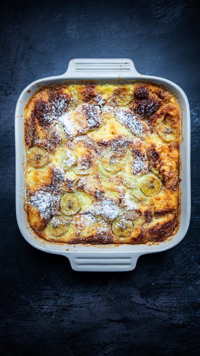 Banana bread pudding with croissant