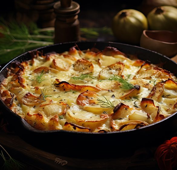 A creamy potato gratin or casserole topped with a tomato cheese crust, ham, and leek. Fall and winter rustic recipe