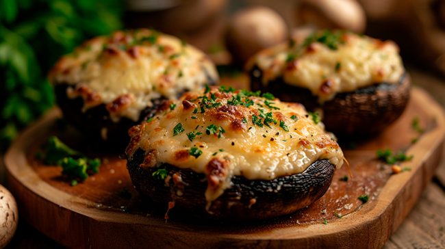 mushroom caps baked with cheese. Selective focus.