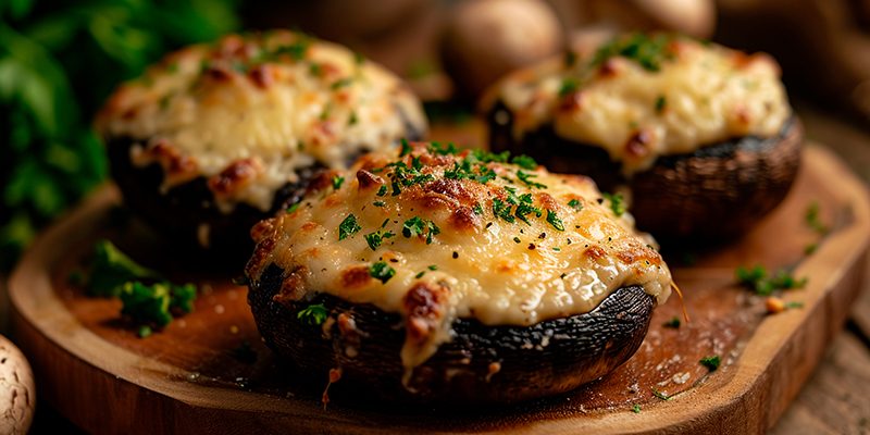 mushroom caps baked with cheese. Selective focus.