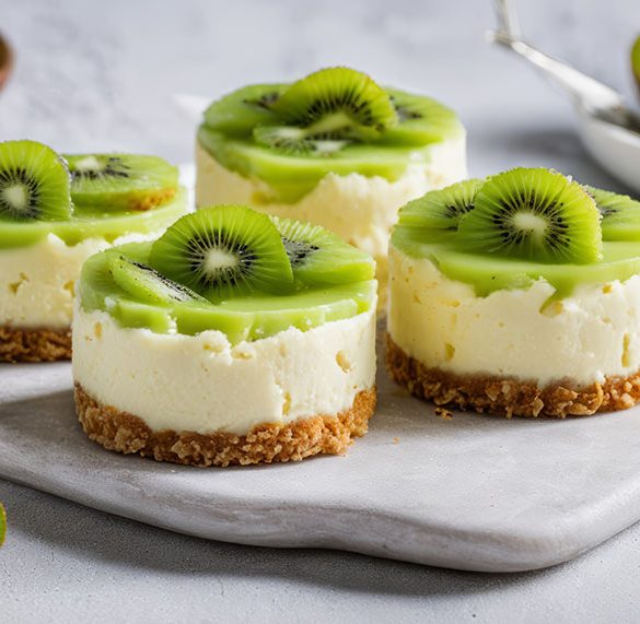 A tray of four kiwi cheesecakes on a table