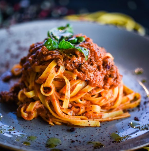 delicious italian spaghetti bolognese with minced beef sauce, to