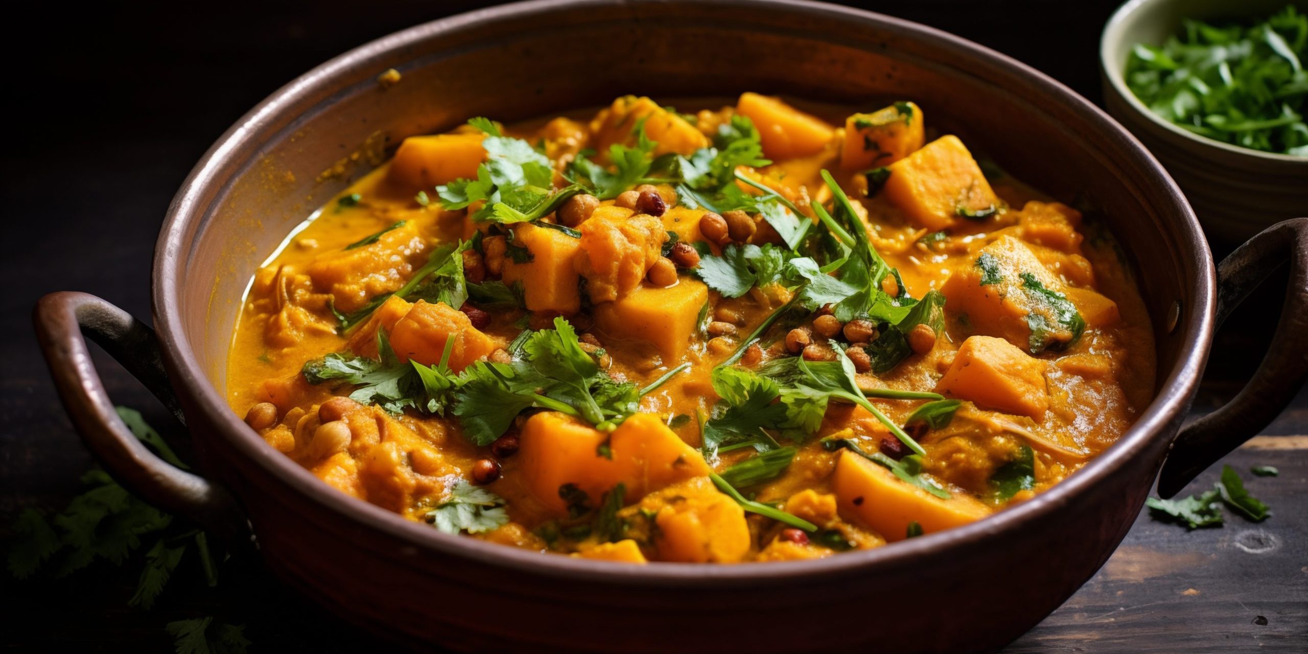 A fragrant curry made with sweet potatoes, chickpeas, and coconut milk.